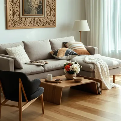 Modern Wooden Brown Curved Coffee Table with Double Pedestal Image - 1