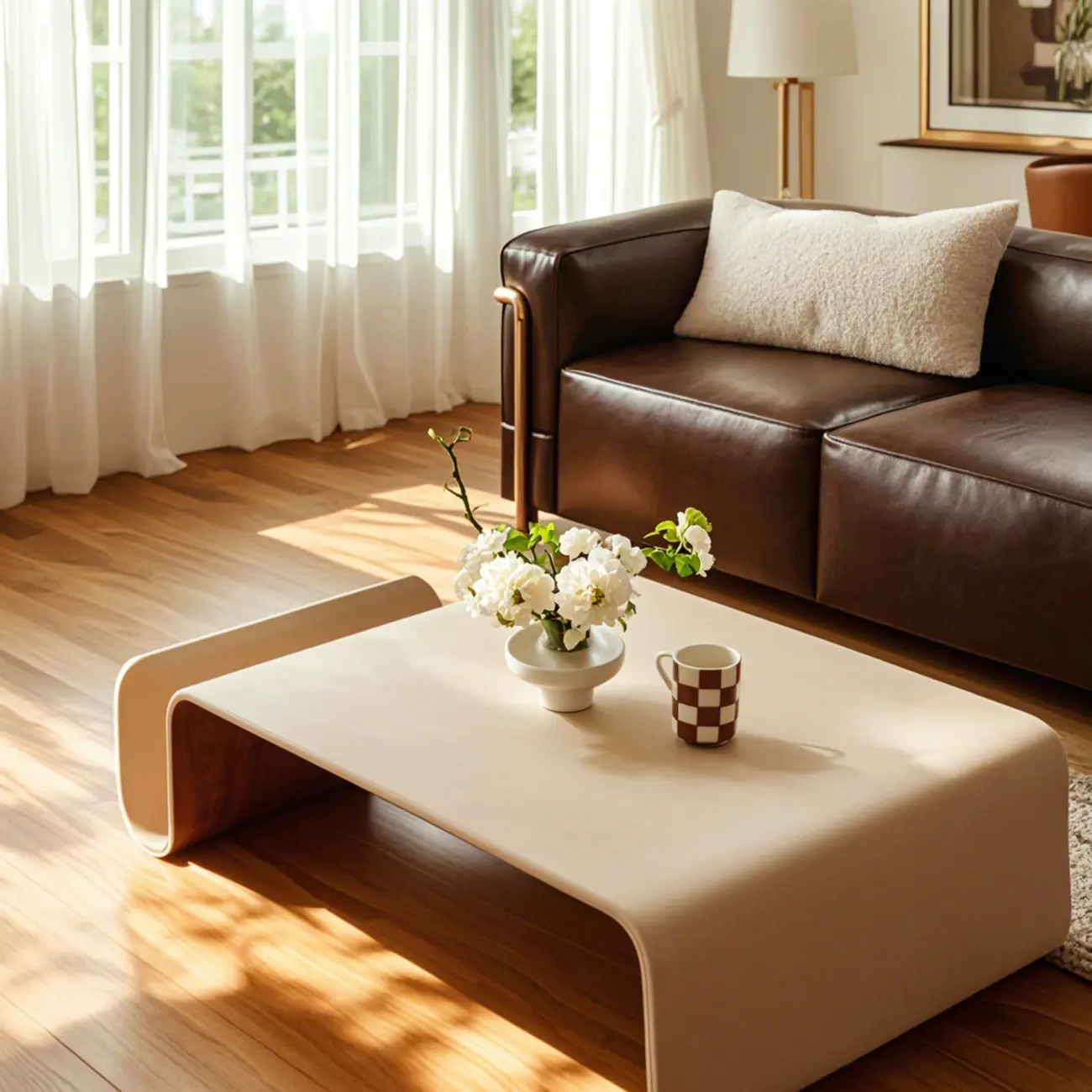 Modern Wooden Brown Curved Coffee Table with Double Pedestal Image - 3 | homeyfad