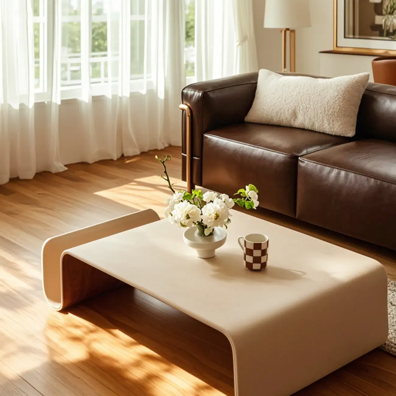 Modern Wooden Brown Curved Coffee Table with Double Pedestal Image - 3