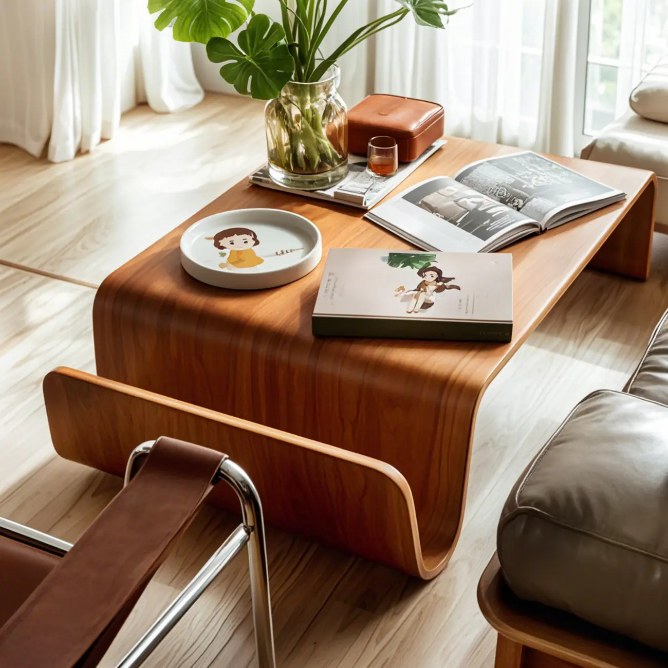 Modern Wooden Brown Curved Coffee Table with Double Pedestal Image - 4 | homeyfad