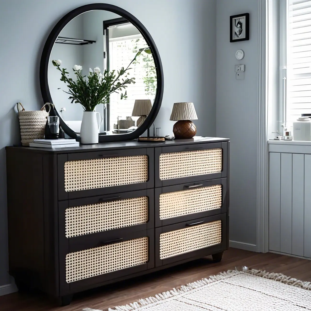 Modern Black Wooden Dresser with Mirror Vanity for Restroom Image - 1 | homeyfad