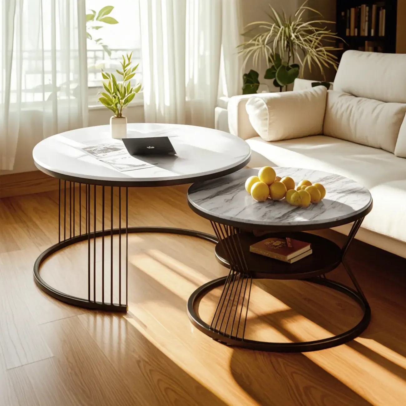 Small Modern Metal&Marble Round Coffee Table Set with Shelf Image - 1