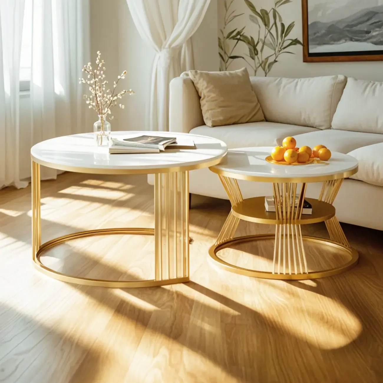 Small Modern Metal&Marble Round Coffee Table Set with Shelf Image - 2