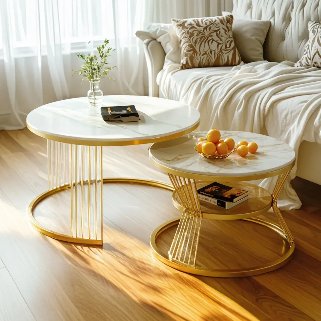 Small Modern Metal&Marble Round Coffee Table Set with Shelf Image - 3