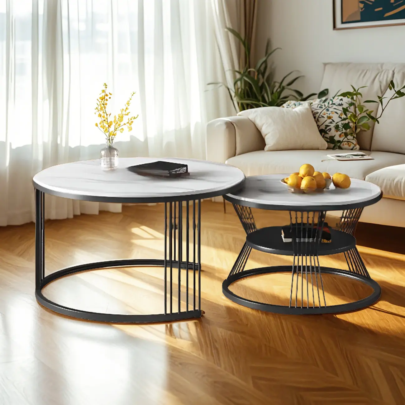 Small Modern Metal&Marble Round Coffee Table Set with Shelf Image - 4 | homeyfad