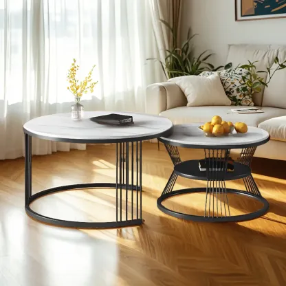Small Modern Metal&Marble Round Coffee Table Set with Shelf Image - 4