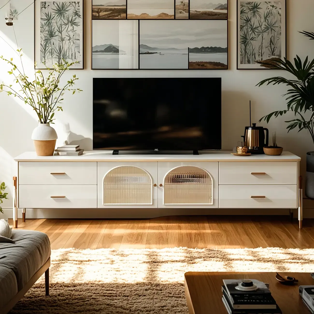 Minimalist Stone Juliet Arc TV Stand with Storage and Drawers Image - 1