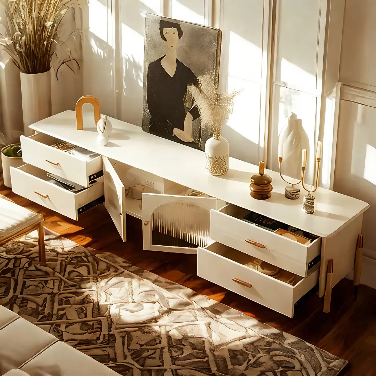 Minimalist Stone Juliet Arc TV Stand with Storage and Drawers Image - 4