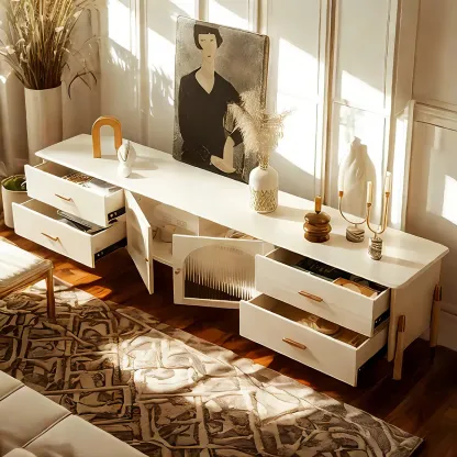 Minimalist Stone Juliet Arc TV Stand with Storage and Drawers Image - 4