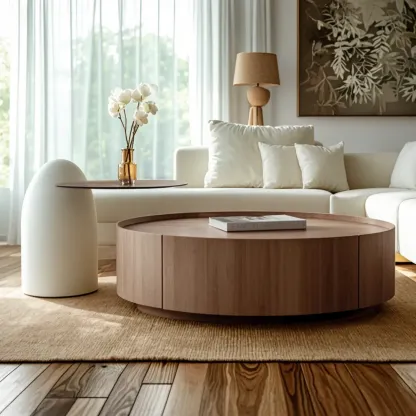 Modern Low Wooden Tray Top Coffee Table with Storage  Image - 3