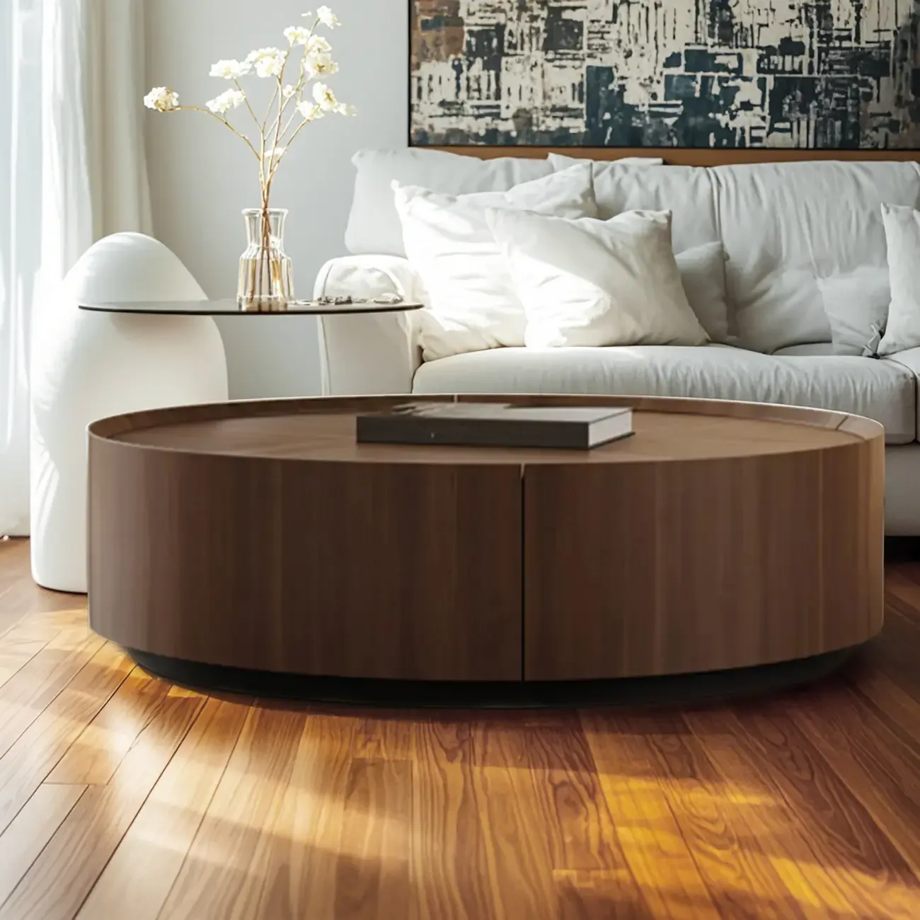 Modern Low Wooden Tray Top Coffee Table with Storage  Image - 5