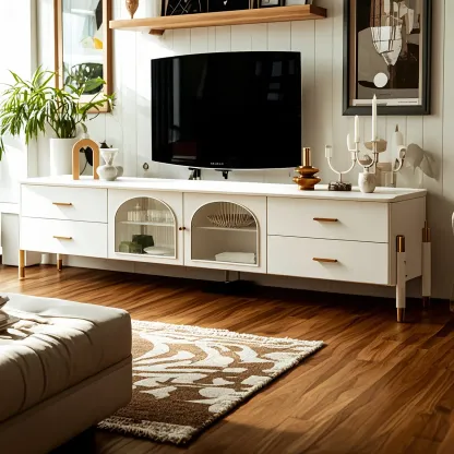 Minimalist Stone Juliet Arc TV Stand with Storage and Drawers Image - 2