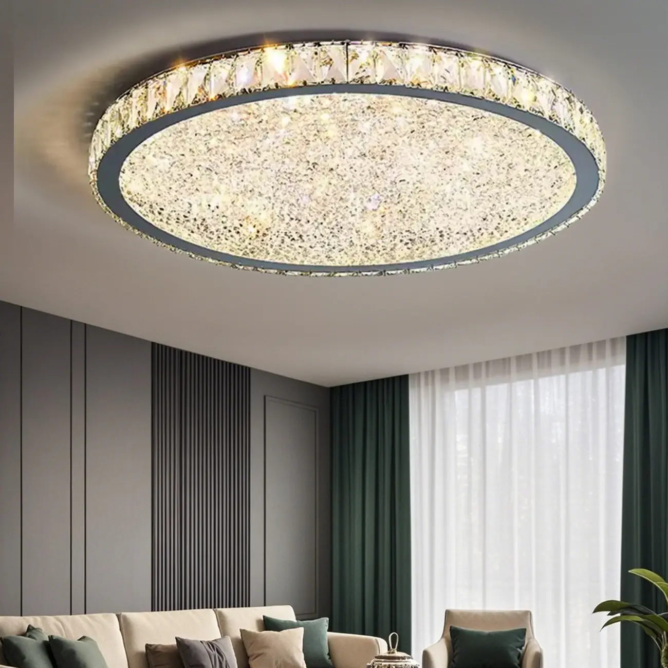 Luxury Circular Crystal Flush Ceiling Light for Living Room Image - 1 | homeyfad