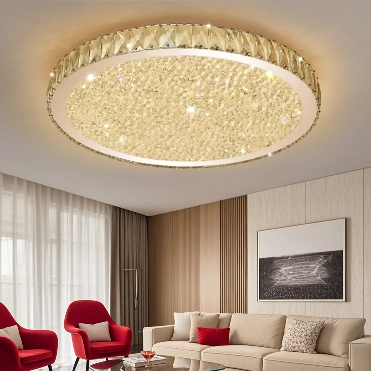 Luxury Circular Crystal Flush Ceiling Light for Living Room Image - 3 | homeyfad