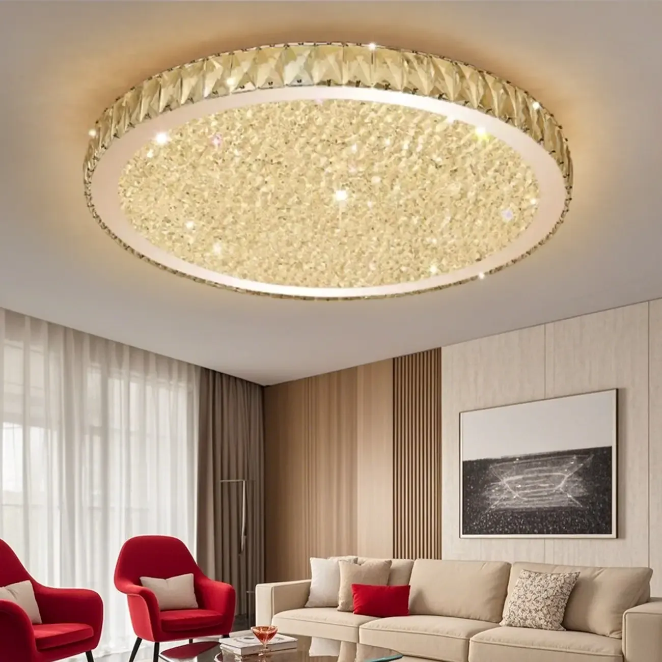 Luxury Circular Crystal Flush Ceiling Light for Living Room Image - 3