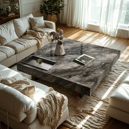 Modern Low Stone Square Coffee Table with Double Pedestal Image - 1