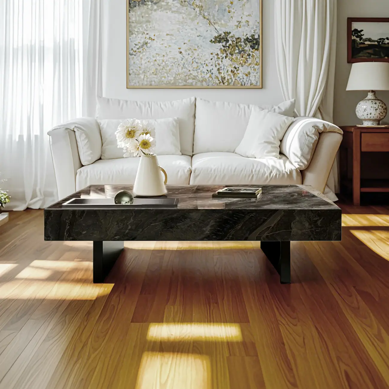 Modern Low Stone Square Coffee Table with Double Pedestal Image - 2 | homeyfad