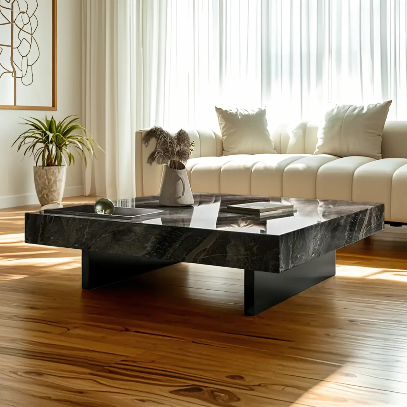 Modern Low Stone Square Coffee Table with Double Pedestal Image - 3 | homeyfad