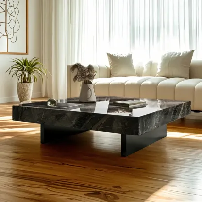 Modern Low Stone Square Coffee Table with Double Pedestal Image - 3