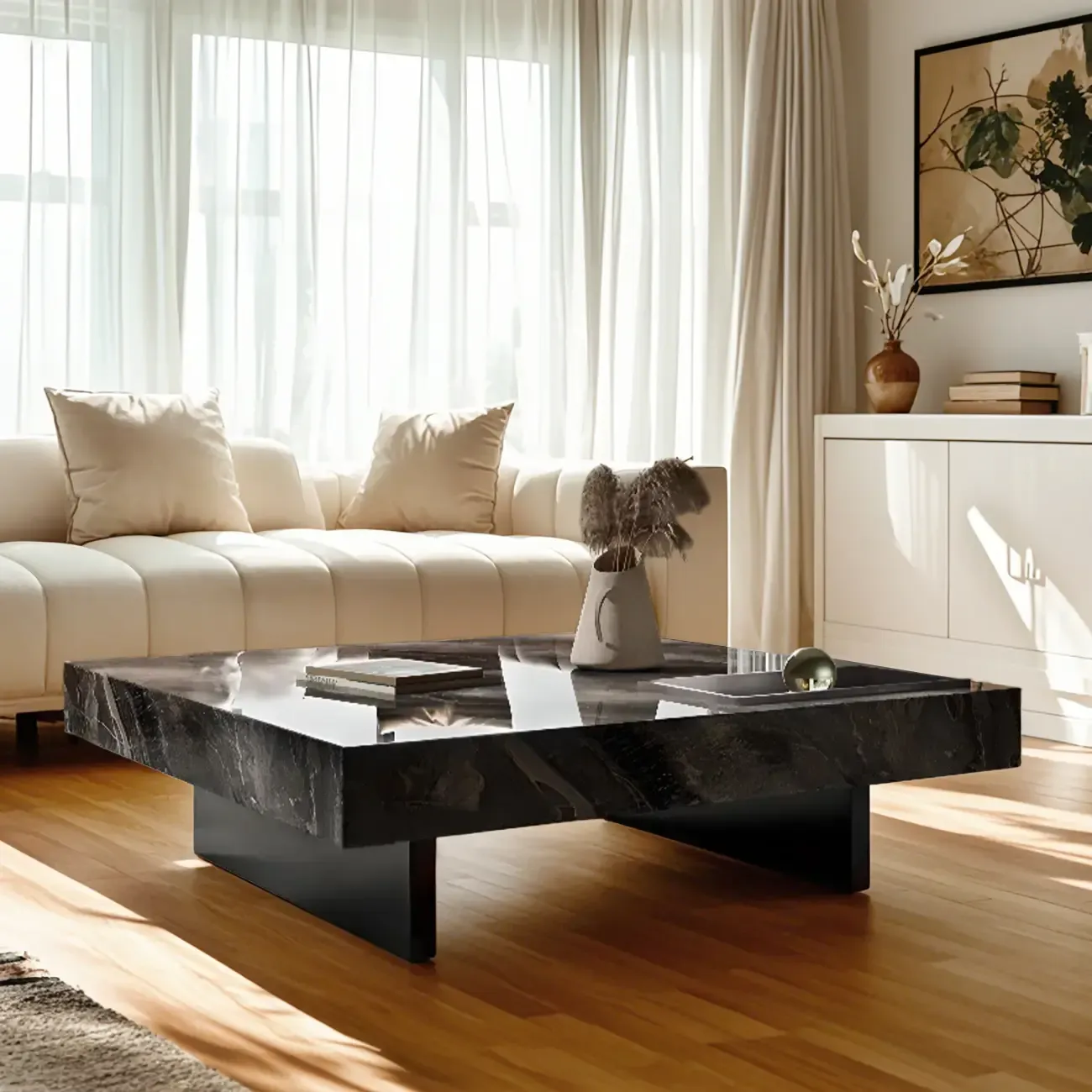 Modern Low Stone Square Coffee Table with Double Pedestal Image - 4
