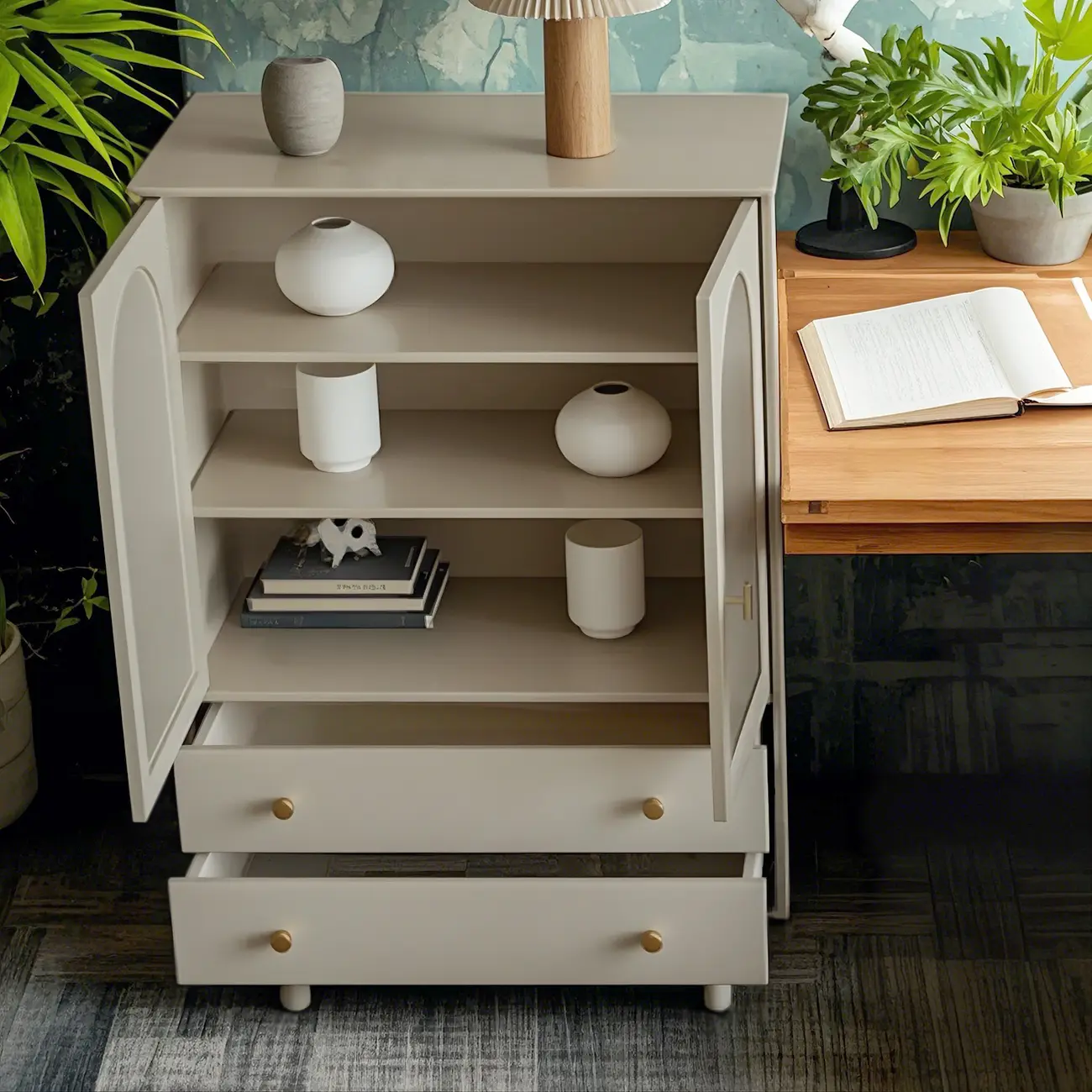 Elegant Wooden Combo Dresser with Shelves and 4-Drawers Image - 5 | homeyfad