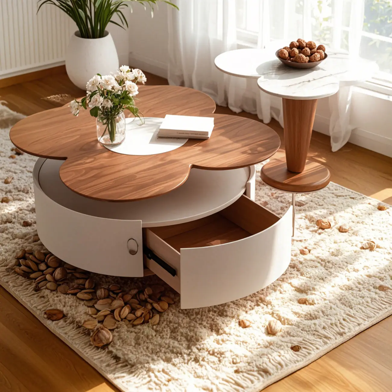 Modern Beige Nesting Coffee Table with Drawer- Free Form Image - 1 | homeyfad