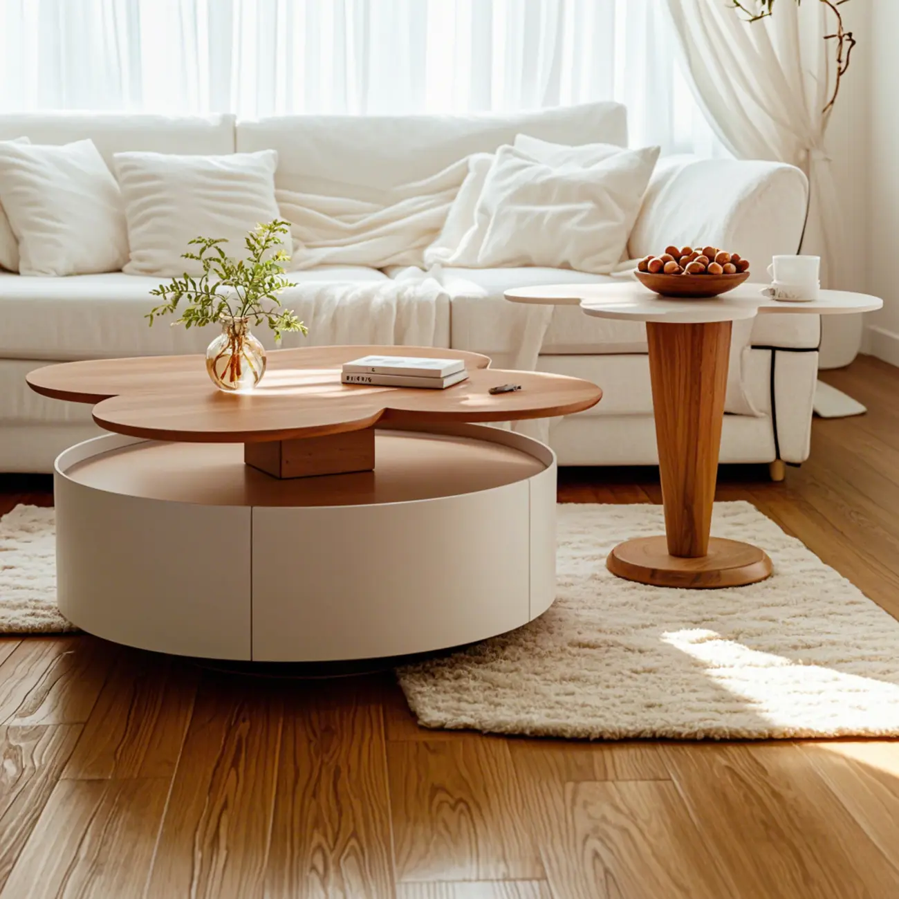 Modern Beige Nesting Coffee Table with Drawer- Free Form Image - 2 | homeyfad
