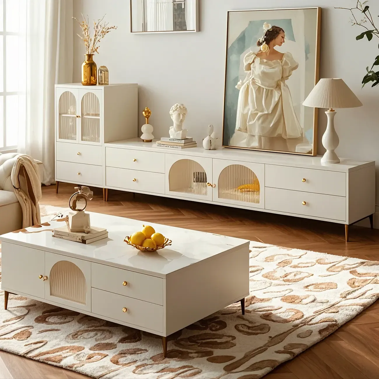 Glam Engineered Wood Juliet Arc TV Stand with Drawers Image - 4