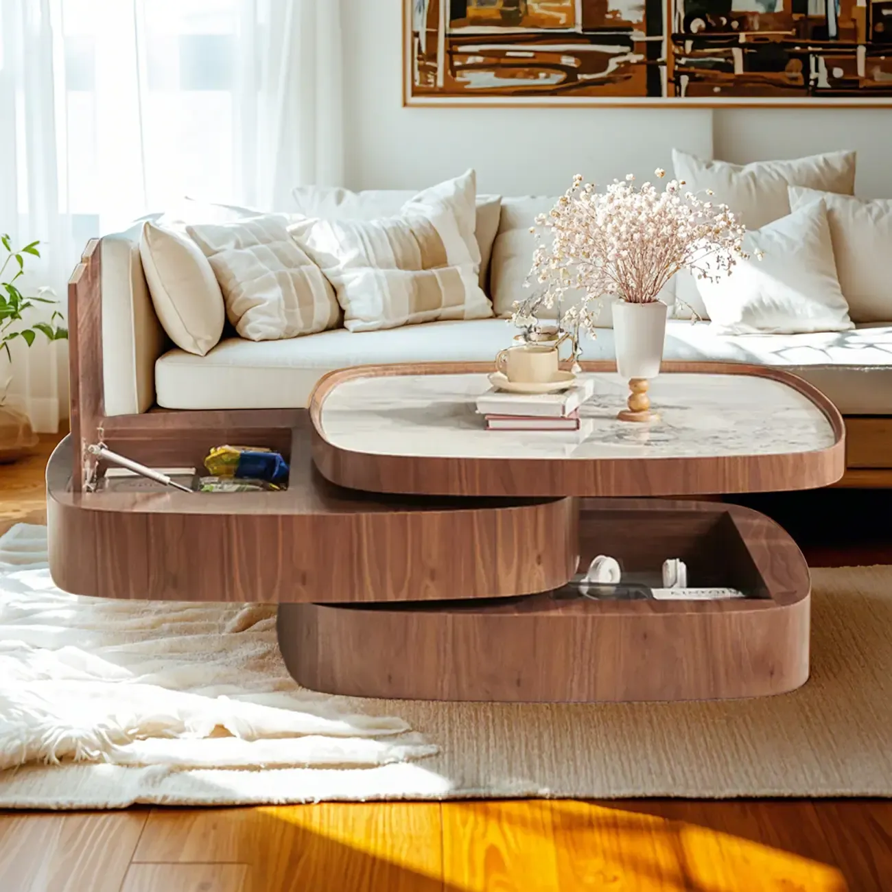 Scandinavian 3 Tiers Tray Top Coffee Table, Storage Included Image - 2