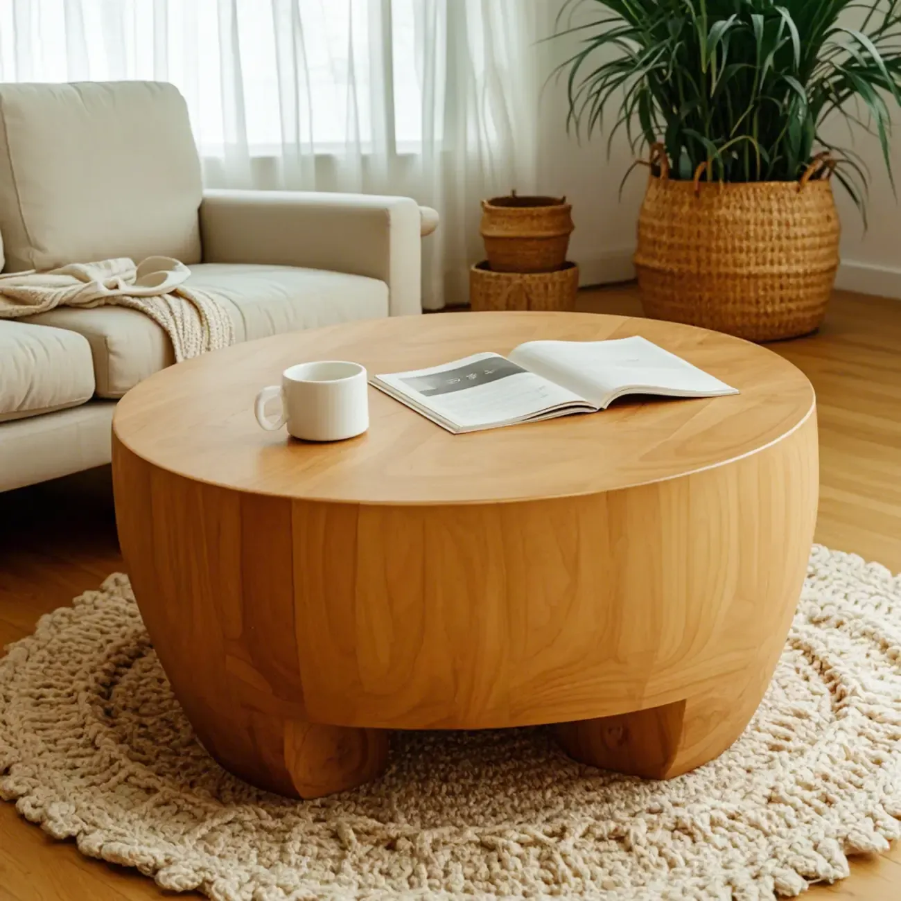 Rustic Solid Wooden Round Coffee Table with Natural Finish Image - 4