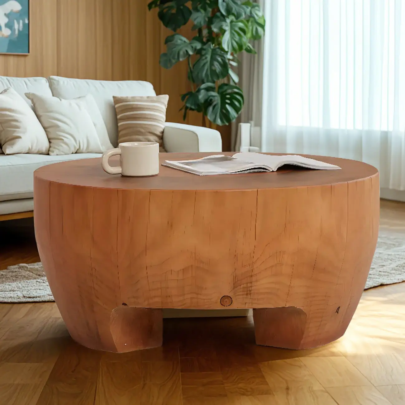 Rustic Solid Wooden Round Coffee Table with Natural Finish Image - 7 | homeyfad