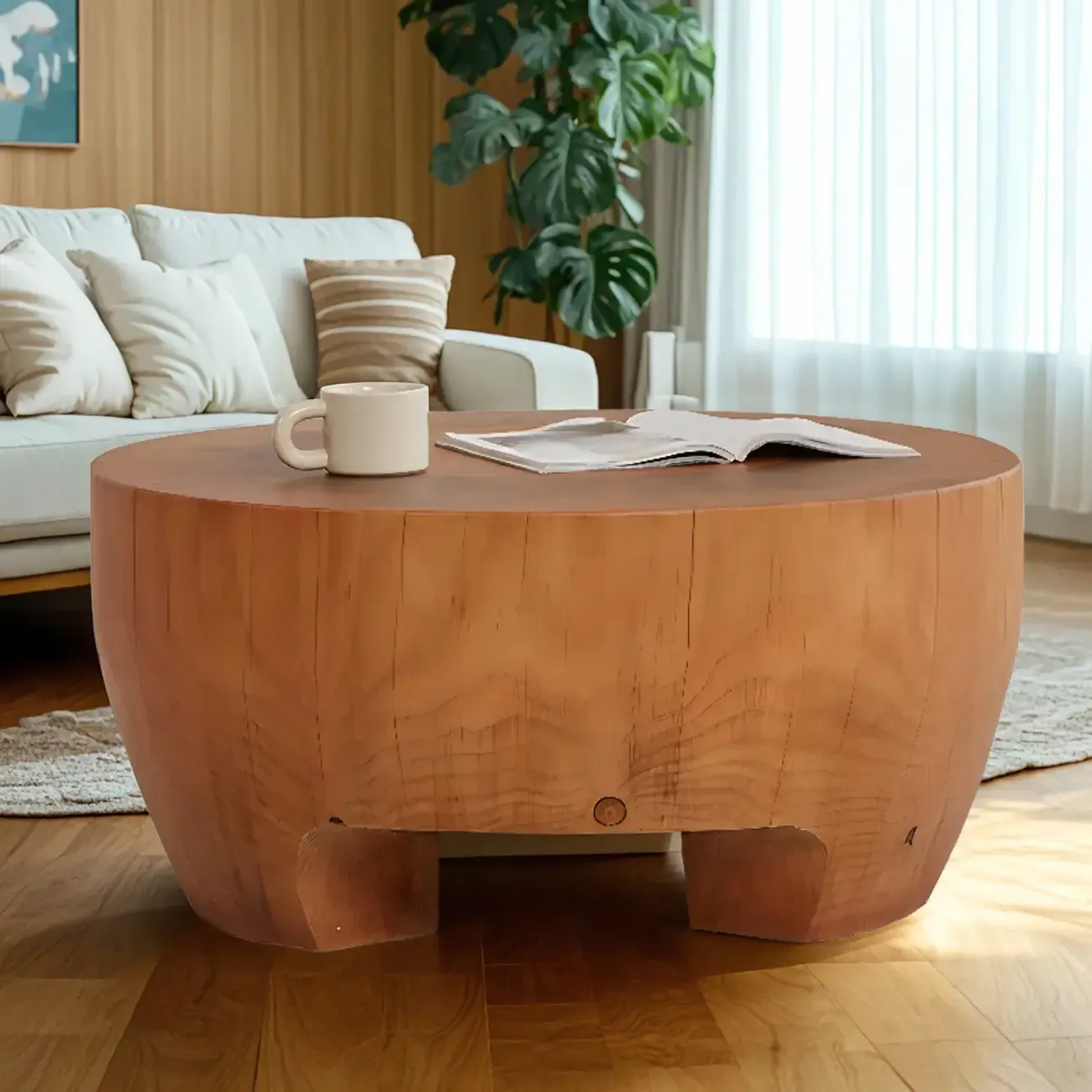 Rustic Solid Wooden Round Coffee Table with Natural Finish Image - 7