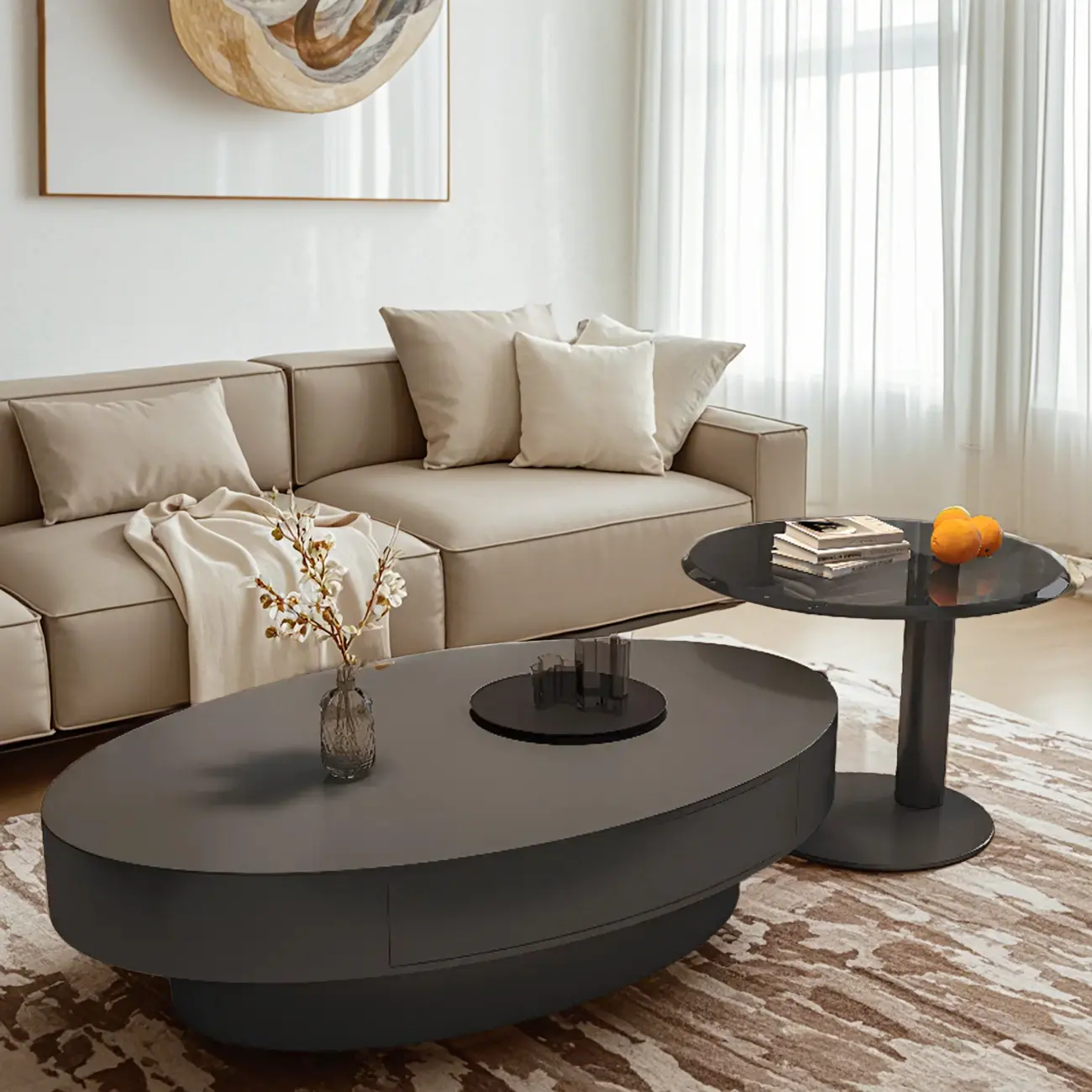 Stylish Glass Oval Nesting Coffee Table with Black Pedestal  Image - 2 | homeyfad