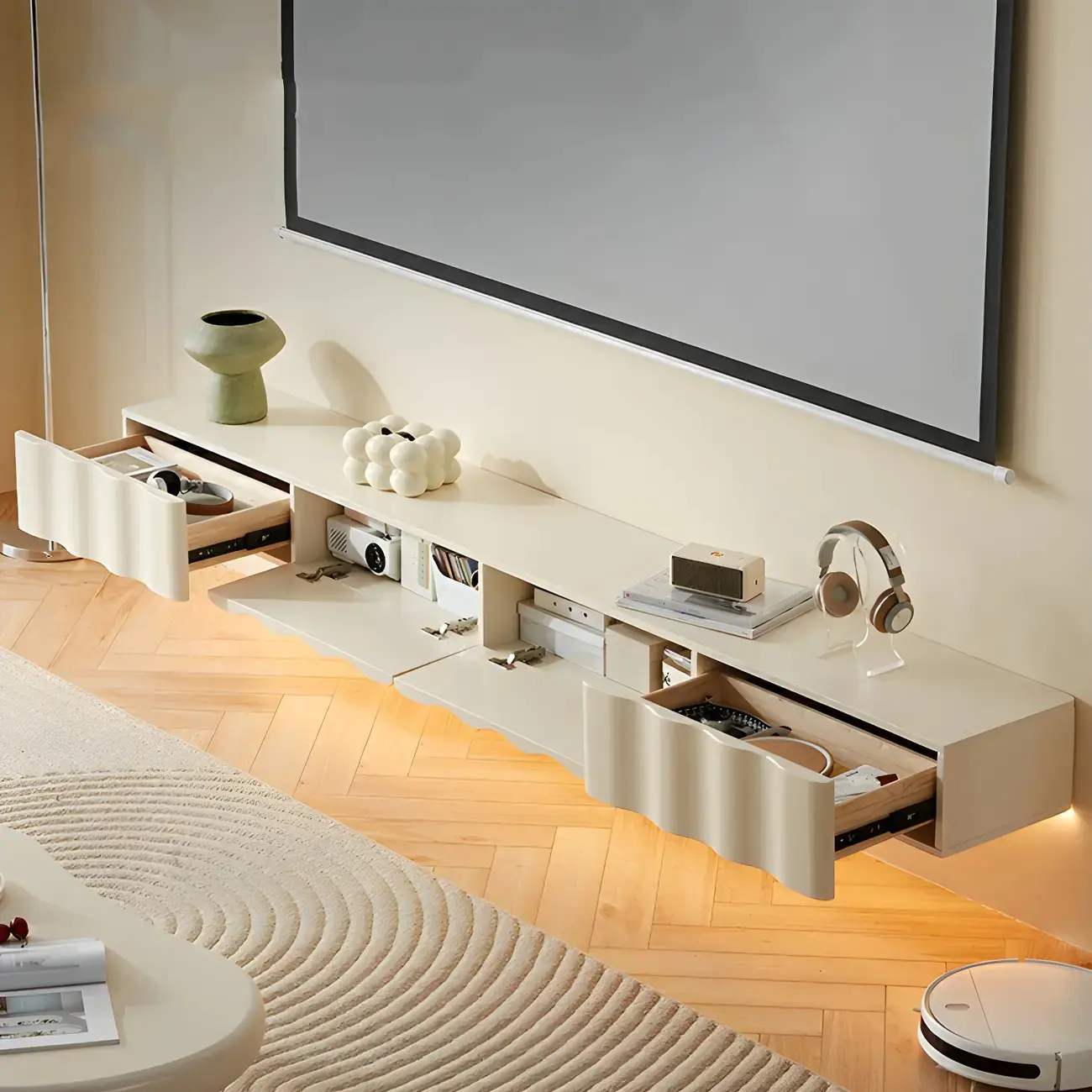 Glam Wooden Mueble Flotante Para TV Stand with Dual Drawers Image - 5 | homeyfad