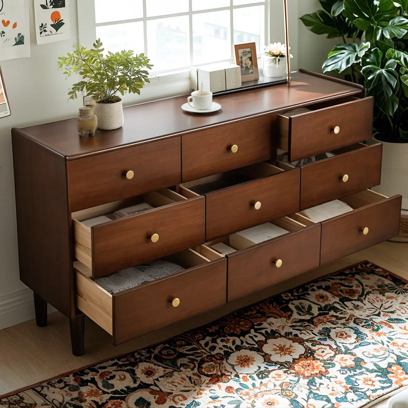 Traditional Brown Wooden Dresser with 6-Soft Closing Drawers Image - 3 | homeyfad