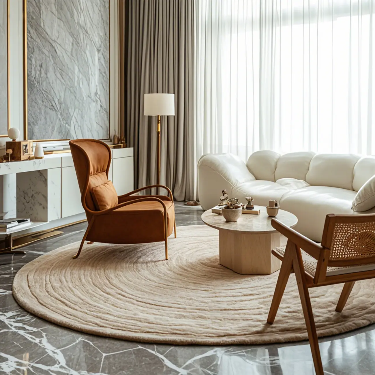 Modern Travertine Round Beige Coffee Table with Small Space Image - 3 | homeyfad