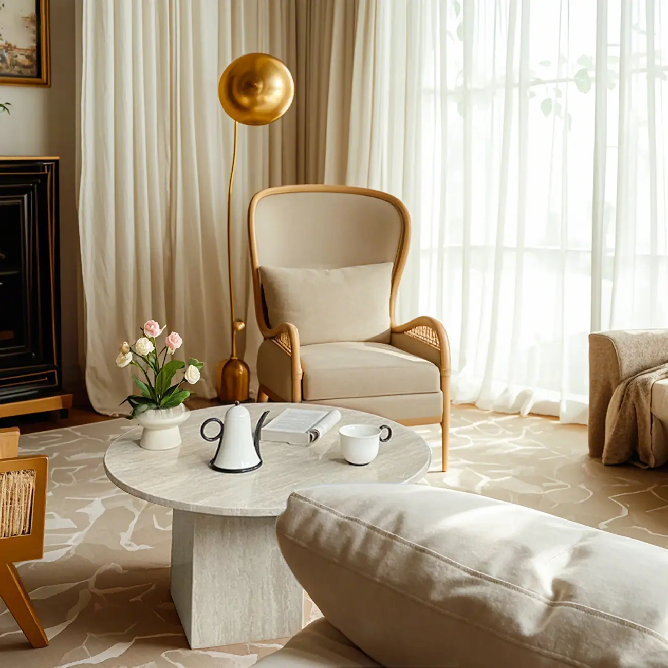 Modern Travertine Round Beige Coffee Table with Small Space Image - 4 | homeyfad