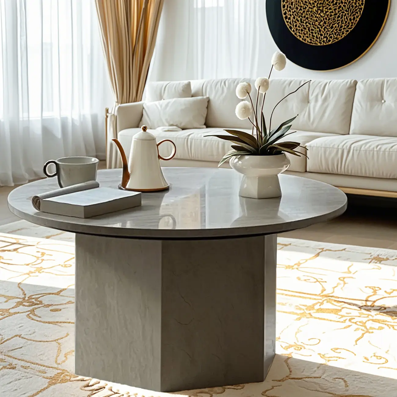 Modern Travertine Round Beige Coffee Table with Small Space Image - 11 | homeyfad