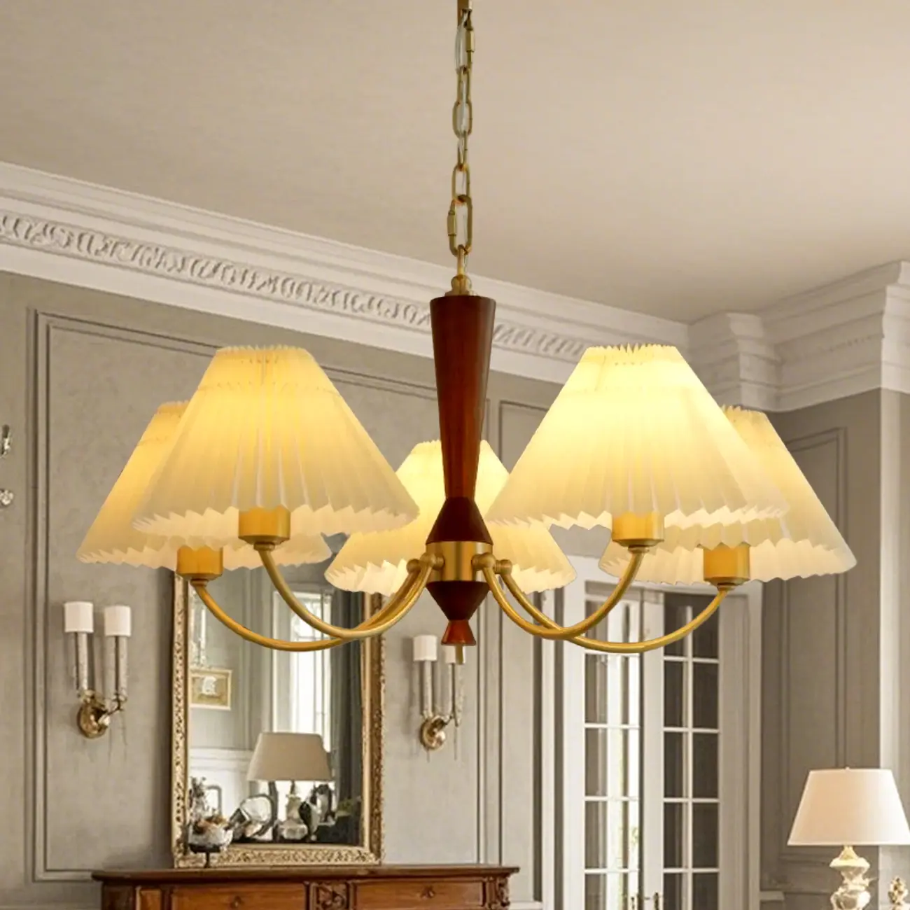 Vintage Brass Fabric Chandelier with Beige Pleated Shades  Image - 1 | homeyfad