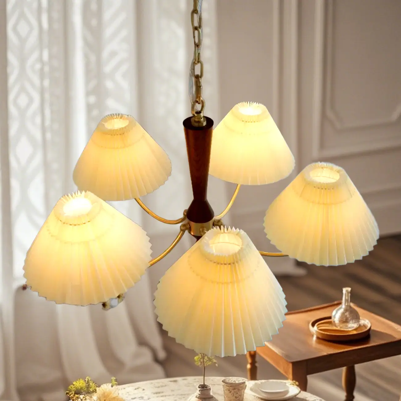 Vintage Brass Fabric Chandelier with Beige Pleated Shades  Image - 2 | homeyfad