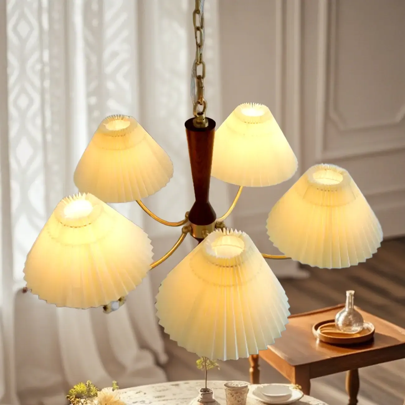Vintage Brass Fabric Chandelier with Beige Pleated Shades Image - 2