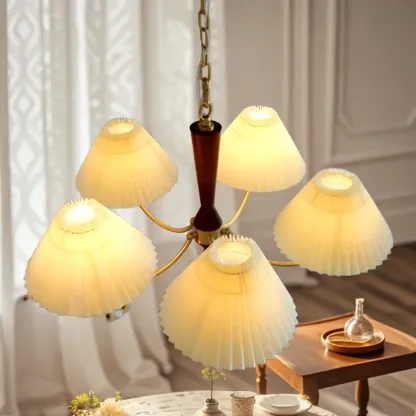 Vintage Brass Fabric Chandelier with Beige Pleated Shades  Image - 2