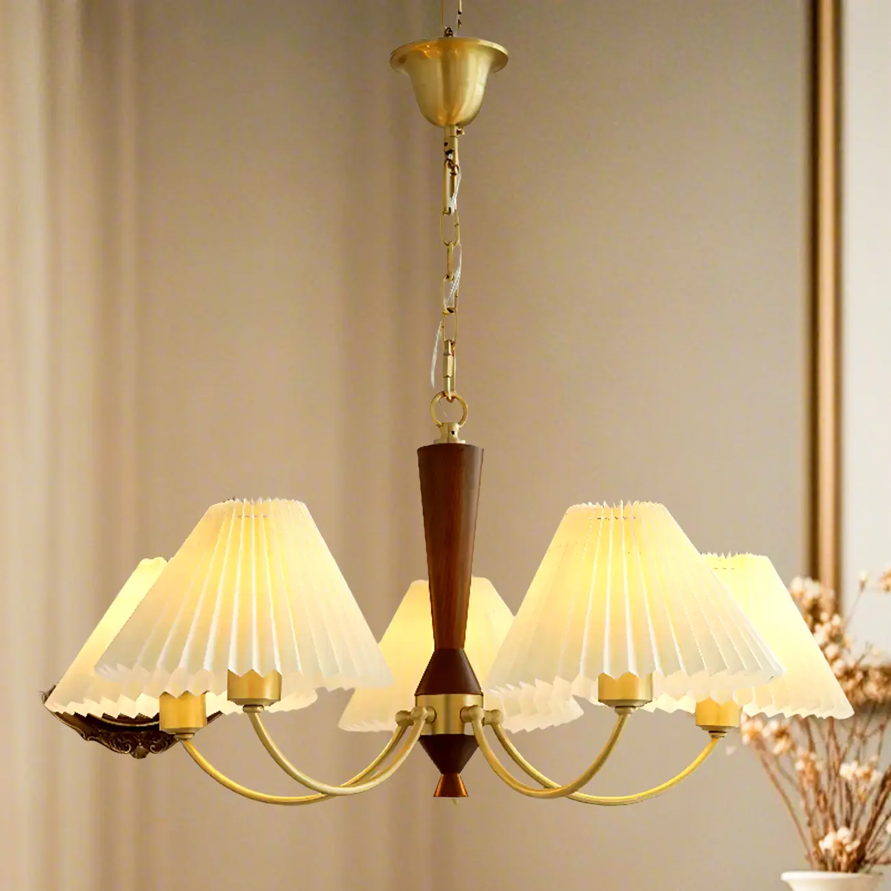 Vintage Brass Fabric Chandelier with Beige Pleated Shades  Image - 3 | homeyfad