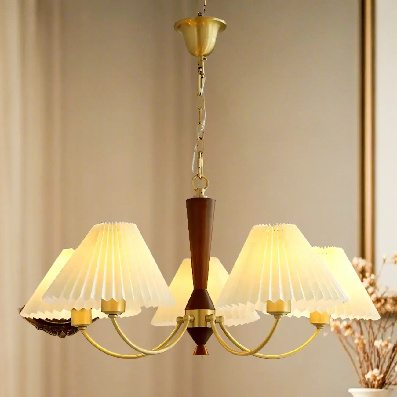 Vintage Brass Fabric Chandelier with Beige Pleated Shades  Image - 3