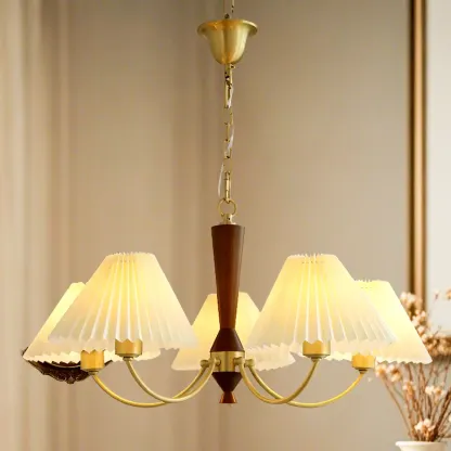 Vintage Brass Fabric Chandelier with Beige Pleated Shades  Image - 3