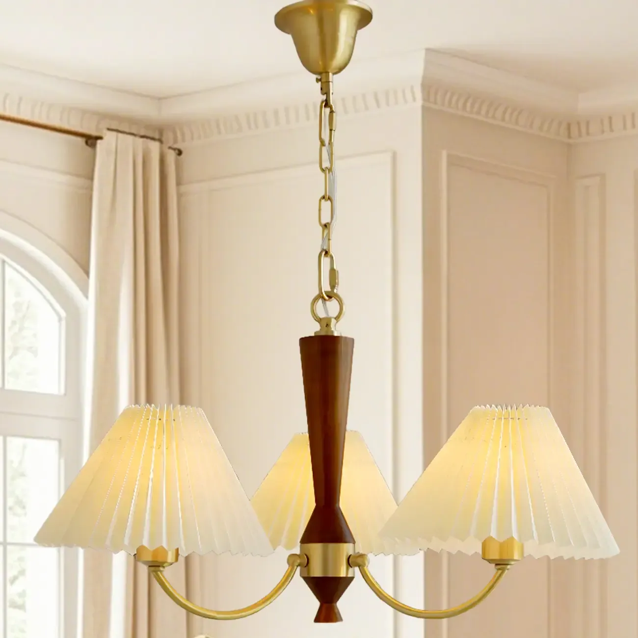 Vintage Brass Fabric Chandelier with Beige Pleated Shades Image - 4