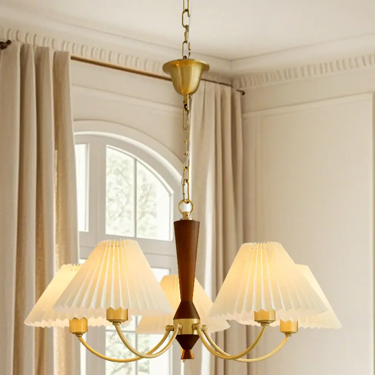 Vintage Brass Fabric Chandelier with Beige Pleated Shades Image - 8