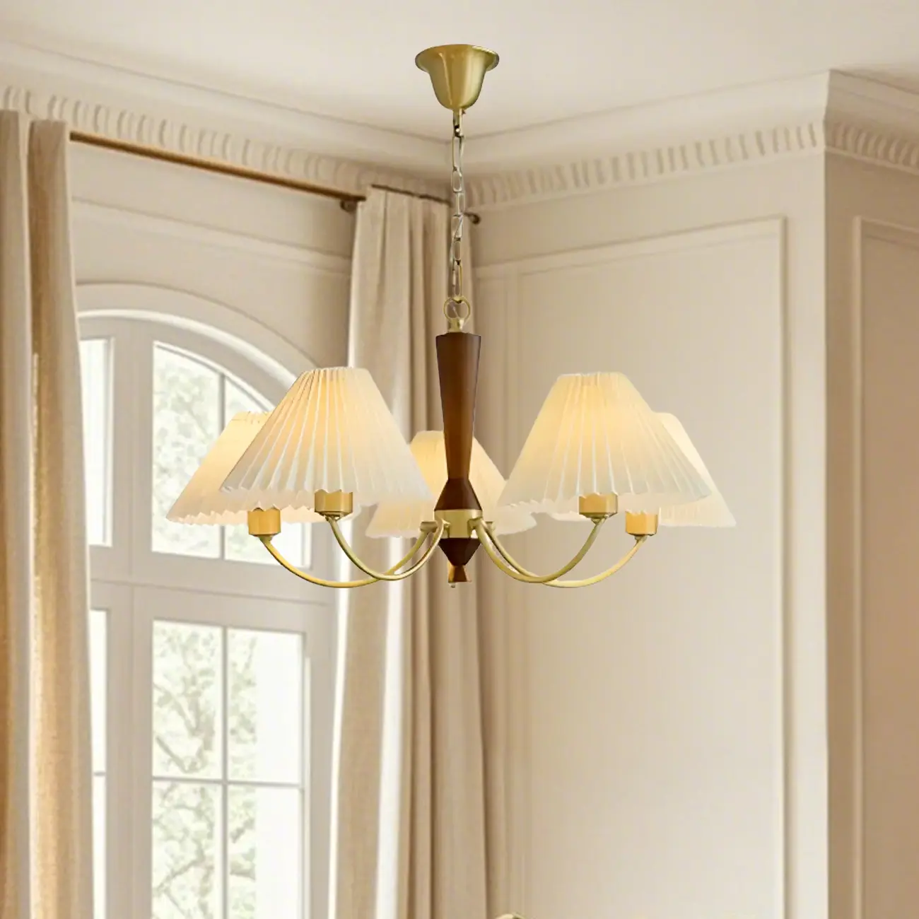 Vintage Brass Fabric Chandelier with Beige Pleated Shades  Image - 13 | homeyfad