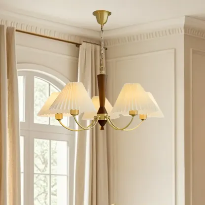 Vintage Brass Fabric Chandelier with Beige Pleated Shades  Image - 13