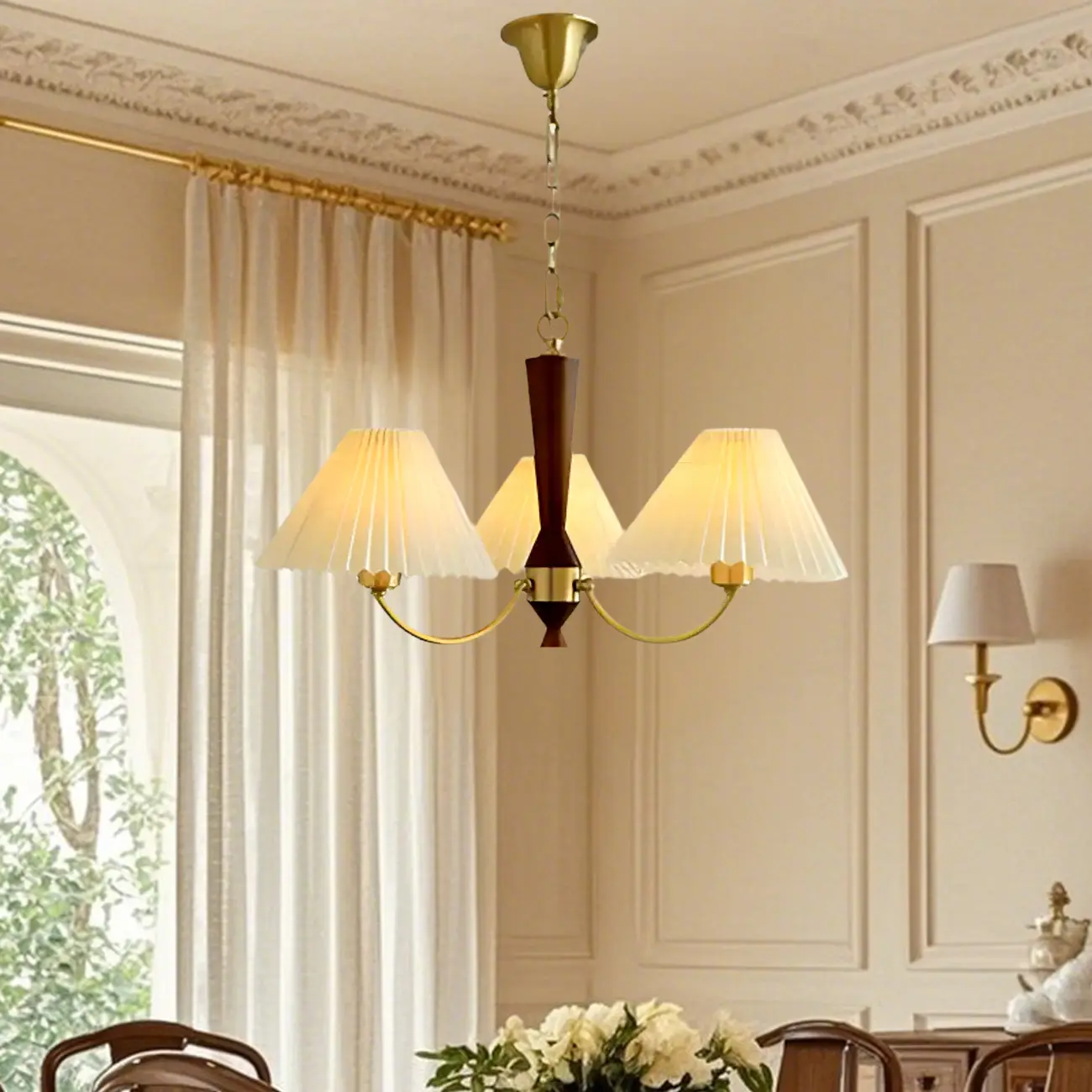 Vintage Brass Fabric Chandelier with Beige Pleated Shades  Image - 14 | homeyfad